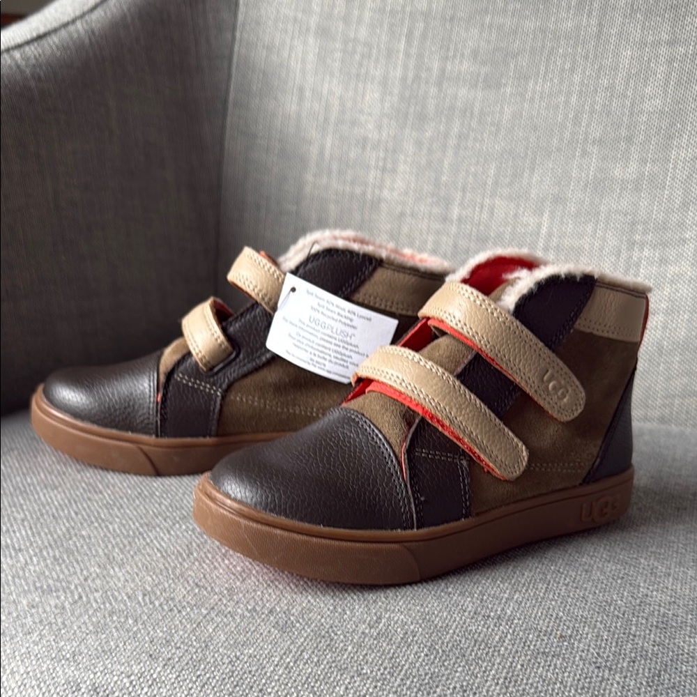 New with Tag Boys UGG Brown and Tan Boots with Durable Soles and Orange Accent